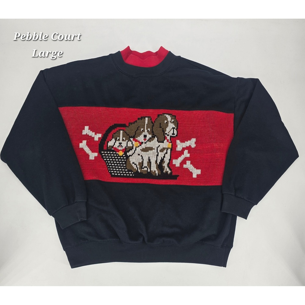 Pebble Court Vintage Dog Sweatshirt Large Black Red Knit Graphic Novelty 80s 90s